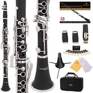 Mendini by Cecilio B Flat Beginner Student Clarinet with 2 Barrels, Case, Stand, Book, 10 Reeds, Mouthpiece and Warranty (Ebonite)