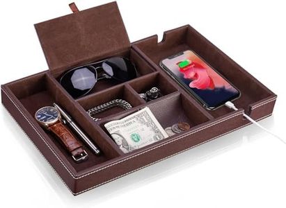 Mens Valet Box, Jewelry Storage Box for Men and Women, Leather Nightstand Organizer Box with 6 Compartments for Keys, Phone, Wallet, Coin, Jewelry (1 layer, brown)