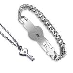 University Trendz Couple Bracelets with Lock and Key Pendant Chain Necklace, Valentine Gift jewellery Set for Boys, Girls, Men and Women (Silver)