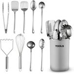 Stainless-Steel Kitchen Utensil Set - 10-piece premium Nonstick & Heat Resistant Kitchen Gadgets, Turner, Spaghetti Server, Ladle, Serving Spoons, Whisk, Tongs, Potato Masher and Utensil Holder