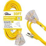 HONDERSON 30FT Lighted Outdoor Extension Cord with 3 Power Outlets,14/3 SJTW Heavy Duty Yellow Extension Cable with 3 Prong Grounded Plug for Safety,UL Listed