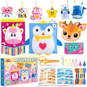 Funtopia Felt Sewing Crafts for Kids Ages 4-12, 10 Easy DIY Projects Kids Sewing Kit with Tutorial, Learn to Sew Plush Pillow Hanging Organizer Handbag, Beginner Sew Toys and Birthday Gift for Girls