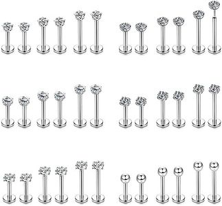 Kakonia 36Pcs Labret Studs Tragus Earrings 16G Stainless Steel 6mm 8mm 10mm Pushin Lip Bars Medusa Helix Tragus Piercing Jewellery for Women Men Silver/Gold/Rose Gold