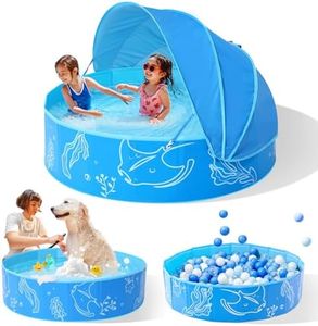 Hikiddy Foldable Kiddie Pool with Canopy: 47in Baby Pool and Beach Tent for Toddlers Infants 6-12 Months and Kids 2-4 Years Old - Portable Water Play with Shade for Outdoor Backyard Beach (Blue-Blue)