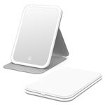 Kintion Travel Makeup Mirror, 8"*5.4"Portable LED Lighted Makeup Mirror, 360° Rotation Touch Screen Vanity Mirror, 3-Color Dimmable Lighting, Rechargeable Tabletop Folding Cosmetic Mirror, White