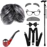 Yaliuliu Old Man Wig Costume for Kids -100 Days of School Dress-Up with Grandpa Vibes,Complete with Suspender,Cane, Glasses, Gray Wig, Ideal for Halloween Cosplay and for Adults and Boys