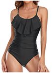 DANIFY Women's One Piece Bathing Suit Tummy Control Swimwear Slimming Ruffle Vintage Swimsuits, Black, X-Large