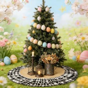 yuboo Burlap Buffalo Plaid Tree Skirt with 2-Layer Ruffle Border Large Christmas Tree Mat 48 inches for Halloween Fall Christmas Black White Decorations