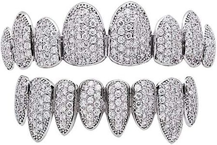canjoyn 18K Gold Silver Pave Full CZ Grillz 8 Teeth Top and Bottom Grillz + Extra 2 Molding Bars