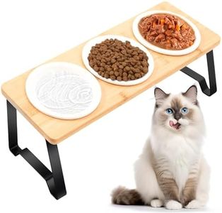 SlowTon Elevated Cat Bowls - 15°Tilted Raised Cat Food Bowl with 3 Ceramic Dishes and Bamboo Stand Feeding Station for Indoor Cats Pet Food and Water