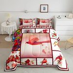 Red Cardinal Bedding Set Cardinals Birds Comforter Set for Kids Child,Green Pine Tree Branches Duvet Insert Cute Bird Animal Bed Quilt Patchwork Style Cardinal Decor for Bedroom Queen Size