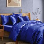 Manyshofu Royal Blue Satin Duvet Cover Set, Queen Size - 6Pc Bed Linen Set with Fitted Sheet & 4 Pillowcases