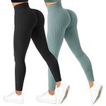 2 Piece Ribbed High Waisted Leggings for Women Seamless Tummy Control Gym Workout Yoga Pants Running Compression Leggins Black/Blue