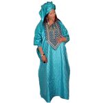 HD African Traditional Bazin Couple Matching Dress Embroidery Green Maxi Boubou Caftan Plus Size Gown for Women with Headwrap