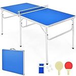 Goplus Portable Tennis Table, 100% Preassembled, Folding Ping Pong Table Game Set with Net, 2 Table Tennis Paddles and Ping Pong Balls for Indoor/Outdoor Use (Blue, 60'')