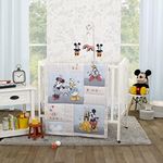 Disney Mickey and Friends Blue, Oatmeal, and Red Mickey Mouse, Minnie Mouse, Donald Duck, Pluto and Goofy 3 Piece Nursery Mini Crib Bedding Set - Comforter and Two Fitted Mini Crib Sheets