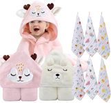 Baby Towel, Hooded Baby Towel, 8-Piece Bath Towel for Baby Boys Girls, Muslin Washcloths, Reusable Infant Wipes Set (White+ Pink)