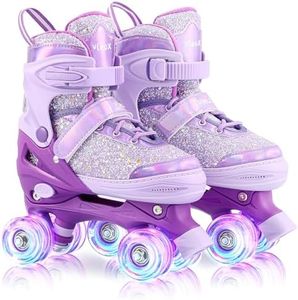 Vleox Kids Roller Skates for Girls Boys 4 Size Adjustable 8 Light Up Wheels Quad Skates for Ages 3-12 Toddler Beginners Indoor and Outdoor