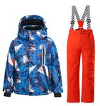 WOWULOVELY Big Boy's 2-Piece Ski Jacket and Pants Thicken Warm Hooded Snowsuit Waterproof Ski Jacket Snowbib Set, 55 Orange, 8