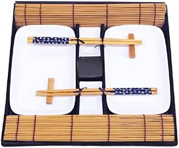 EXZACT Sushi Plate Set 10pcs - 2 x Sushi Plates, 2 x Dip Bowls, 2 x Bamboo Placemats, 2 x Bamboo Chopsticks Rests, 2 Pairs of Chopsticks – Highquality Porcelain -Gift Box