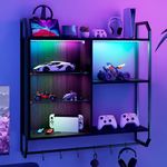 ARTETHYS Floating Shelves, Shelves for Wall, 83cm LED Wood Pipe Shelf with Adjustable Glass Shelf, Display Book Shelf with 6 Hooks for Bedroom Gaming Room Bar, Black