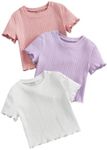 OYOANGLE Girl's 3Pcs Rib-Knit Short Sleeve Crop Top Crew Neck Lettuce Trim Crop Tee Top Mauve Purple 9Y