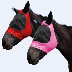 FOXLVDA 2 Pcs Horse Fly Mask with Ear Protection, Comfort-Fit Elastic Fabric, Full Face Coverage and Eye Protection from Insect Pests for Medium/Large Size Horses (Red/Pink, Large)