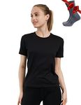 Merino.tech Merino Wool T Shirt Women - 100% Merino Wool Base Layer Women Short Sleeve Tee + Merino Wool Hiking Socks (Large, Black)