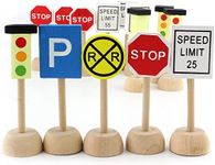 Attatoy Kids Wooden Street Signs Playset (14-Piece Set), Wood Traffic Signs Perfect for Car & Train Set
