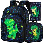 3PCS Dinosaur Backpack for Boys, 16" Little Kids Backpack Preschool Elementary School Bookbags and Lunch Box - Dinosaur Green