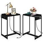 OYEAL Black Nightstand End Table Set of 2, Small Sofa Side Table with Charging Station, 2 USB Ports, Beside Night Stands for Small Spaces, Living Room, Bedroom(15.6" L x 11.7" W x 23.4" H)