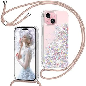 TUUTPU Funda con Cuerda para iPhone 15 6.1'', Carcasa Brillante Glitter Transparente Silicona Protección Case con Ajustable Colgante Correa de Cuello Cadena Cordón, Caso de Arena movediza in Oro Rosa