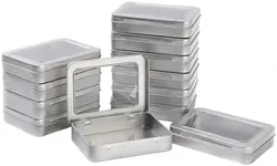 12 Pack Empty Rectangular Metal Storage Organizer Tins with Clear Window Hinged Lids for Small Items and Other Craft Projects, 4.5 x 3.3 x 0.9 inch (Silver)
