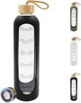 HENGFEI 32oz Borosilicate Glass Water Bottle with Time Markings and Reminder Quotes, 1litre Glass Drink Bottle with Silicone Sleeve, Bamboo Lid and Steel Lid.(Black)