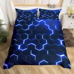 Honeycomb Comforter Cover Neon Light Geometric Bedding Set King For Kids Boys Teens,Geometry Hexagonal Duvet Cover Soft Microfiber Quilt Cover Zipper 2 Pillow Cases Blue Black Room Decor