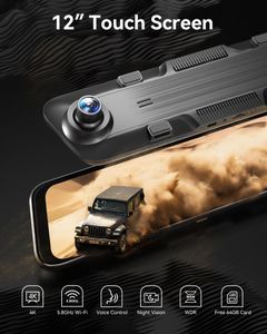 WOLFBOX G850 12" 4K Rear View Mirror Dash Cam – Front & Rear, WiFi, GPS, Night Vision, 64GB Card