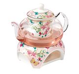 YBK Tech Bone China and Glass Coffee Pot Teapot with Warmer and Tea Infuser (Pink (Butterflies Patterns))