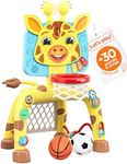 Move2Play, Giraffe Basketball Hoop & Soccer Goal Activity Center | 30+ Sounds & Songs + 5 Lights | 1 2 3 Year Old Birthday Gift for Girls | Toy for Baby & Toddlers (Yellow)