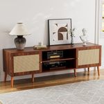 ZttRiee TV Stand for TVs up to 65'', Entertainment Center with Rattan Door, Shelves & 2 Cabinets, Long Boho Media TV Console for Living Room, Walnut