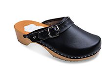 FUTURO FASHION Women's Healthy Natural Genuine Leather Wooden Sole Plain Clogs Unisex Colours, Black, 6.5 UK