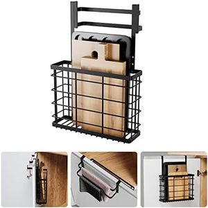 LIVOD Cabinet Door Organizer, Over The Cabinet Door Organizer with Double Towel Bars, Cutting Board Organizer with Towel Holder, Kitchen Cabinet Organier for Pantry, Baking Sheet, Plastic Wrap, Black