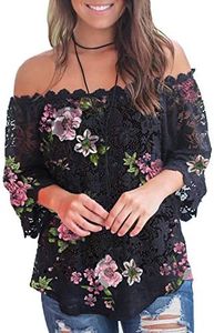 MIHOLL Women's Lace Off Shoulder Tops Casual Loose Blouse Shirts (Floral, XX-Large)