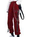 Sunidol Womens Gothic Pants High Waisted Baggy Cargo Pants Harajuku Y2k Street Loose Punk Pants with Chain, 01-dark Red, X-Large