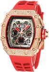 FANMIS Mens Bling Punk Diamond Chronograph Watches Fashion Style Silicone Band Sports Wrist Watch, Red Rose, Chronograph