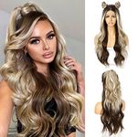Sapphirewigs Synthetic Lace Front Wig Body Wavy Brown Wig Highlight Long Skunk Stripe Hair Wig Blonde and Brown Colored Balayage Wig for Women Party Daily Use 24 Inch