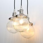 Yosoan Vintage Ribbed Glass 3 Ceiling Pendant Light with Globe Lampshade, Industrial Hanging Light Fitting Chandelier for Kitchen Island Dining Room Living Room Bedroom (Brushed)