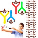 Funny Poo Slingshot Toy Set ,4 Catapult Poo Slingshot&32 Poo Mochi Squishy Toys Emoji Bullets,Poop Finger Shooting Slingshot Prank for Kids Adults Party Bag Fillers Joke Toys Gift,Xmas Stocking Filler