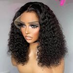 16 Inch HD Curly Lace Front Wig Human Hair Pre Plucked for Black Women Glueless 13x4 Kinky Curly Bob Lace Frontal Wigs Human Hair 150% Density Wet and Wavy Natural Color