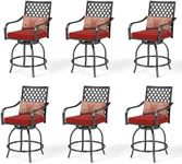 MFSTUDIO 6 PCS Outdoor Swivel Bar Stool, Patio Counter Height Bar Chair with Cushion and Armrest, Red