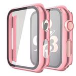 Misxi 2 Pack Hard PC Case with Tempered Glass Screen Protector Compatible with Apple Watch Series 6 SE Series 5 Series 4 44mm, 1 Rose Pink + 1 Transparent